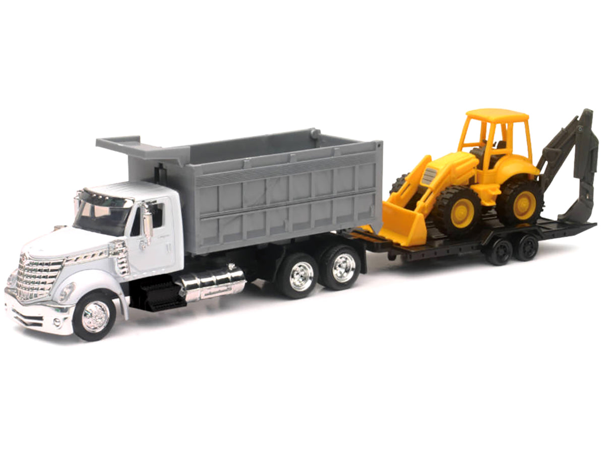 International Lonestar Dump Truck White and Wheel Loader Yellow with Flatbed Trailer 'Long Haul Truckers' Series 1/43 Diecast Model by New Ray