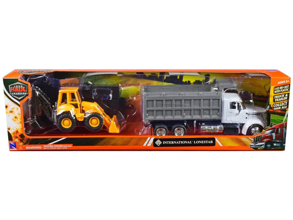 International Lonestar Dump Truck White and Wheel Loader Yellow with Flatbed Trailer 'Long Haul Truckers' Series 1/43 Diecast Model by New Ray
