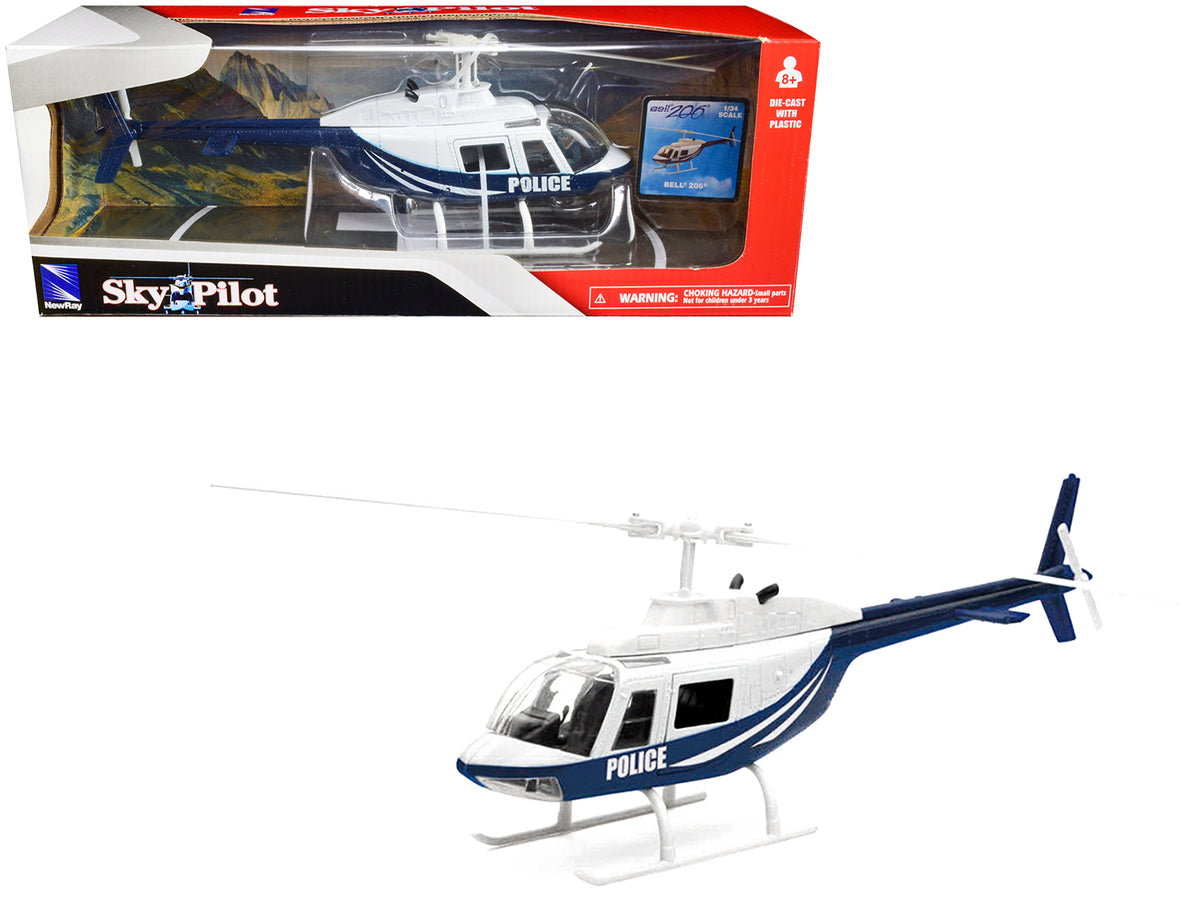Bell 206 Helicopter Dark Blue and White 'Police' 'Sky Pilot' Series 1/34 Diecast Model by New Ray