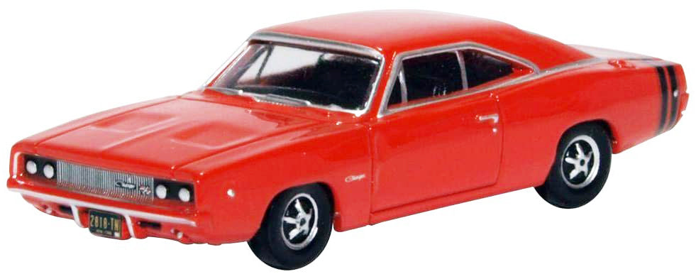 1968 Dodge Charger Bright Red with Black Stripes 1/87 (HO) Scale Diecast Model Car by Oxford Diecast