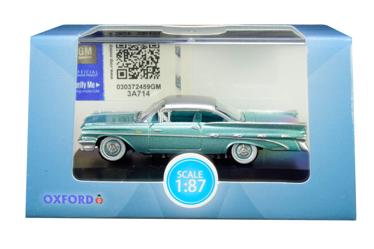 1959 Pontiac Bonneville Coupe Seaspray Green with Silver Top 1/87 (HO) Scale Diecast Model Car by Oxford Diecast
