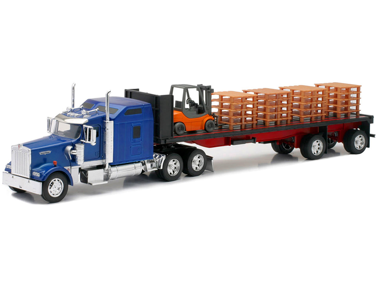 Kenworth W900 Truck with Flatbed Trailer Blue with Forklift and Pallets 'Long Haul Truckers' Series 1/32 Diecast Model by New Ray