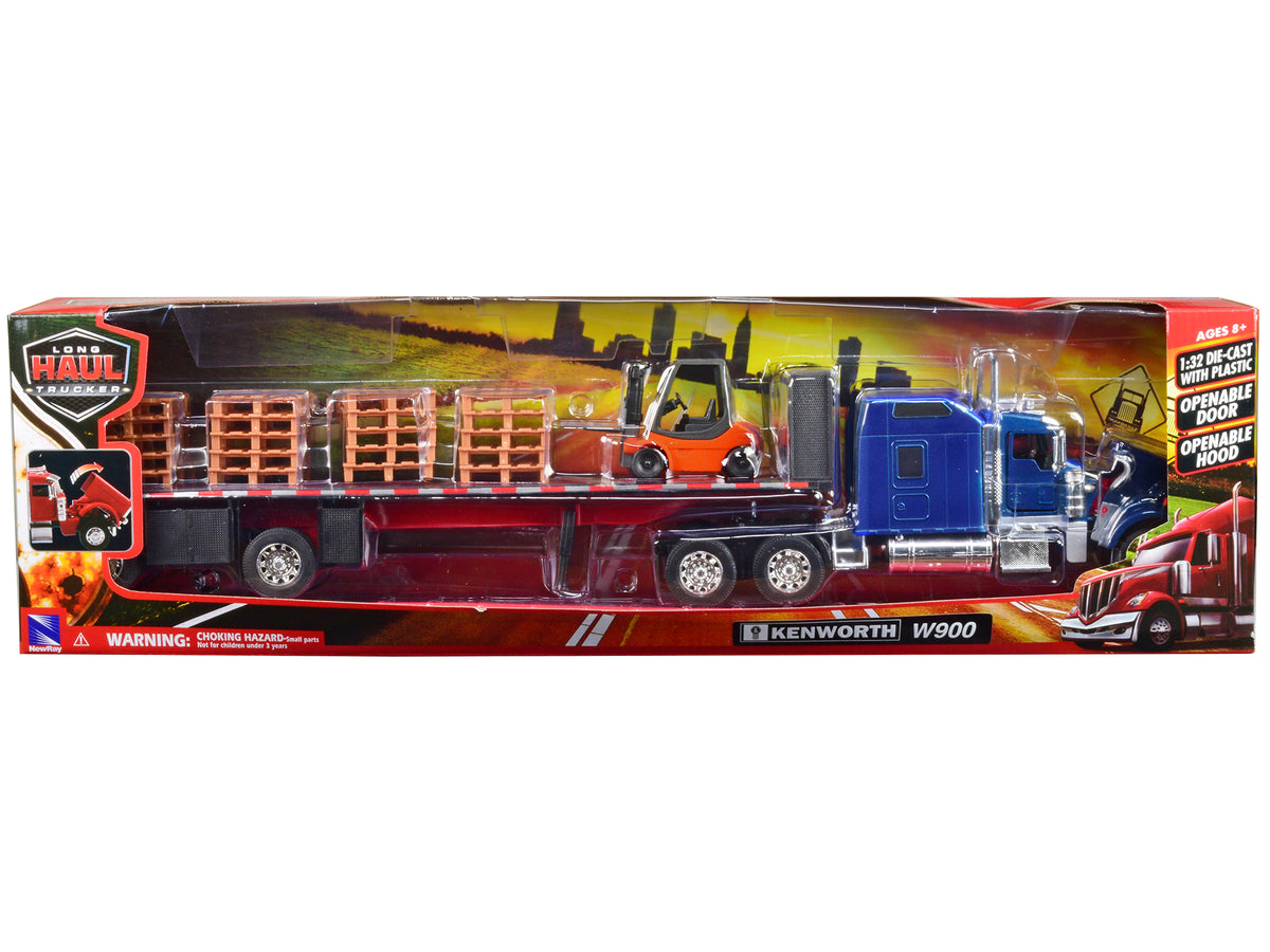Kenworth W900 Truck with Flatbed Trailer Blue with Forklift and Pallets 'Long Haul Truckers' Series 1/32 Diecast Model by New Ray