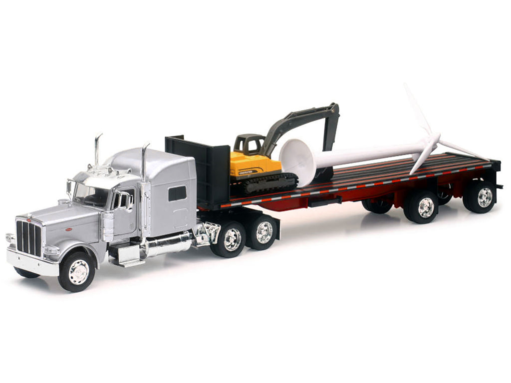 Peterbilt 389 Truck with Flatbed Trailer Silver Metallic with Excavator and Wind Turbine 'Long Haul Truckers' Series 1/32 Diecast Model by New Ray