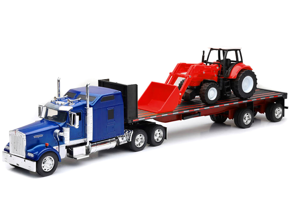 Kenworth W900 Truck with Flatbed Trailer Blue Metallic with Farm Tractor Red 'Long Haul Truckers' Series 1/32 Diecast Model by New Ray