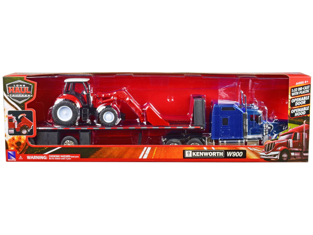 Kenworth W900 Truck with Flatbed Trailer Blue Metallic with Farm Tractor Red 'Long Haul Truckers' Series 1/32 Diecast Model by New Ray