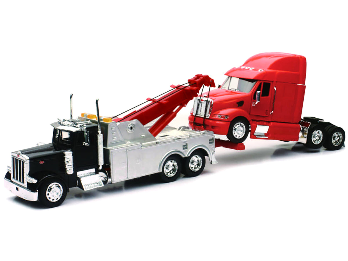 Peterbilt 379 Tow Truck Black with Peterbilt 387 Truck Tractor Red Set of 2 pieces 1/32 Diecast Model by New Ray