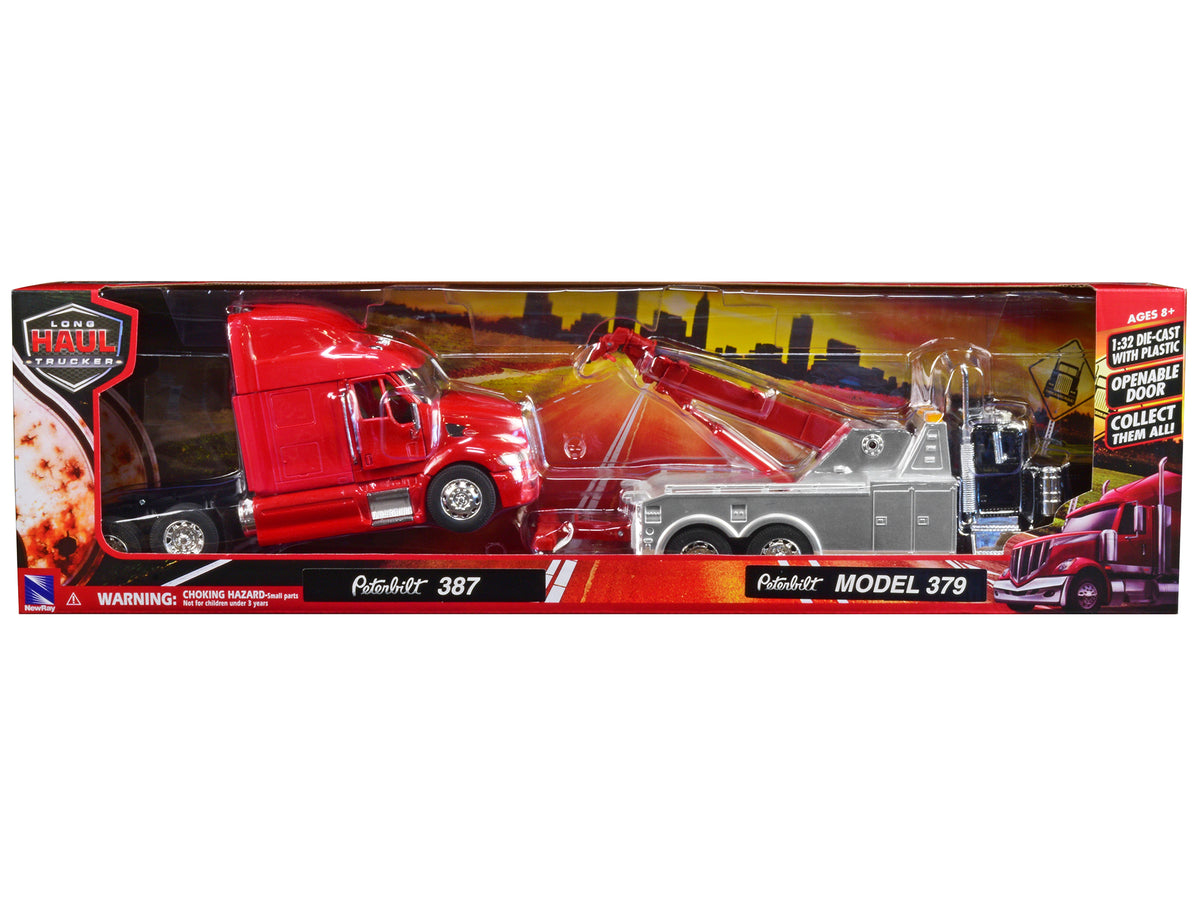Peterbilt 379 Tow Truck Black with Peterbilt 387 Truck Tractor Red Set of 2 pieces 1/32 Diecast Model by New Ray