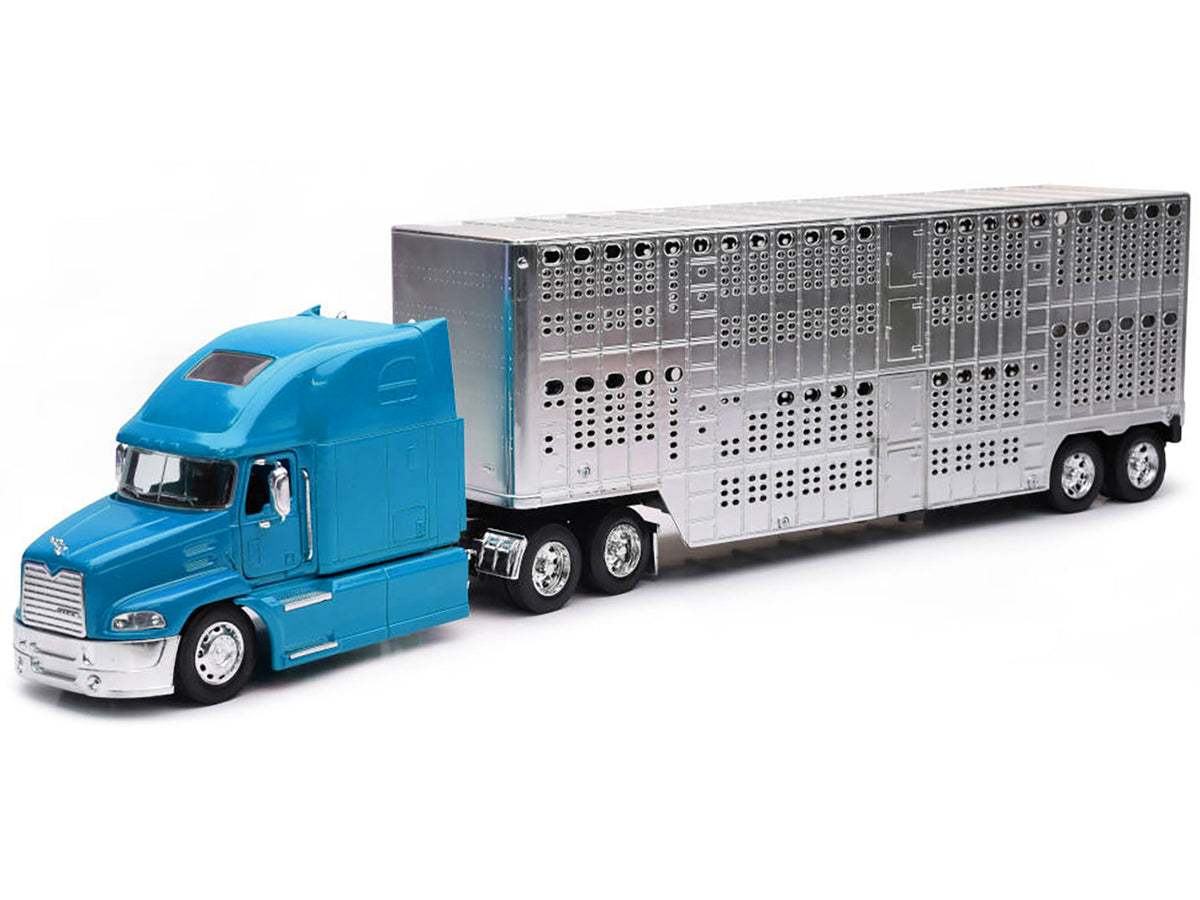 Mack Pinnacle Truck with Pot Belly Livestock Trailer Blue and Chrome 'Long Haul Truckers' Series 1/32 Diecast Model by New Ray
