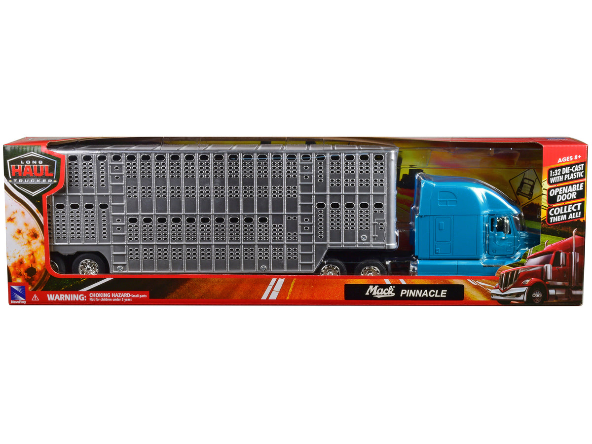 Mack Pinnacle Truck with Pot Belly Livestock Trailer Blue and Chrome 'Long Haul Truckers' Series 1/32 Diecast Model by New Ray